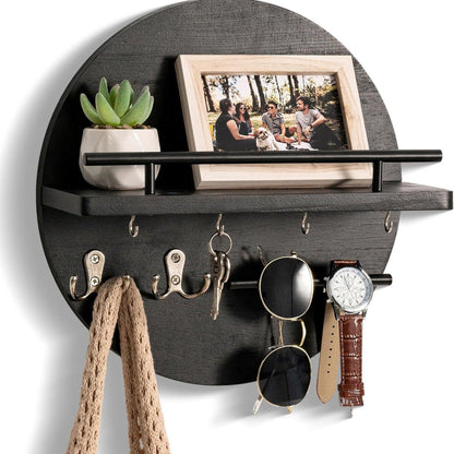 Round Wooden Key Holder | Eco-Friendly Wall Organiser with Hooks