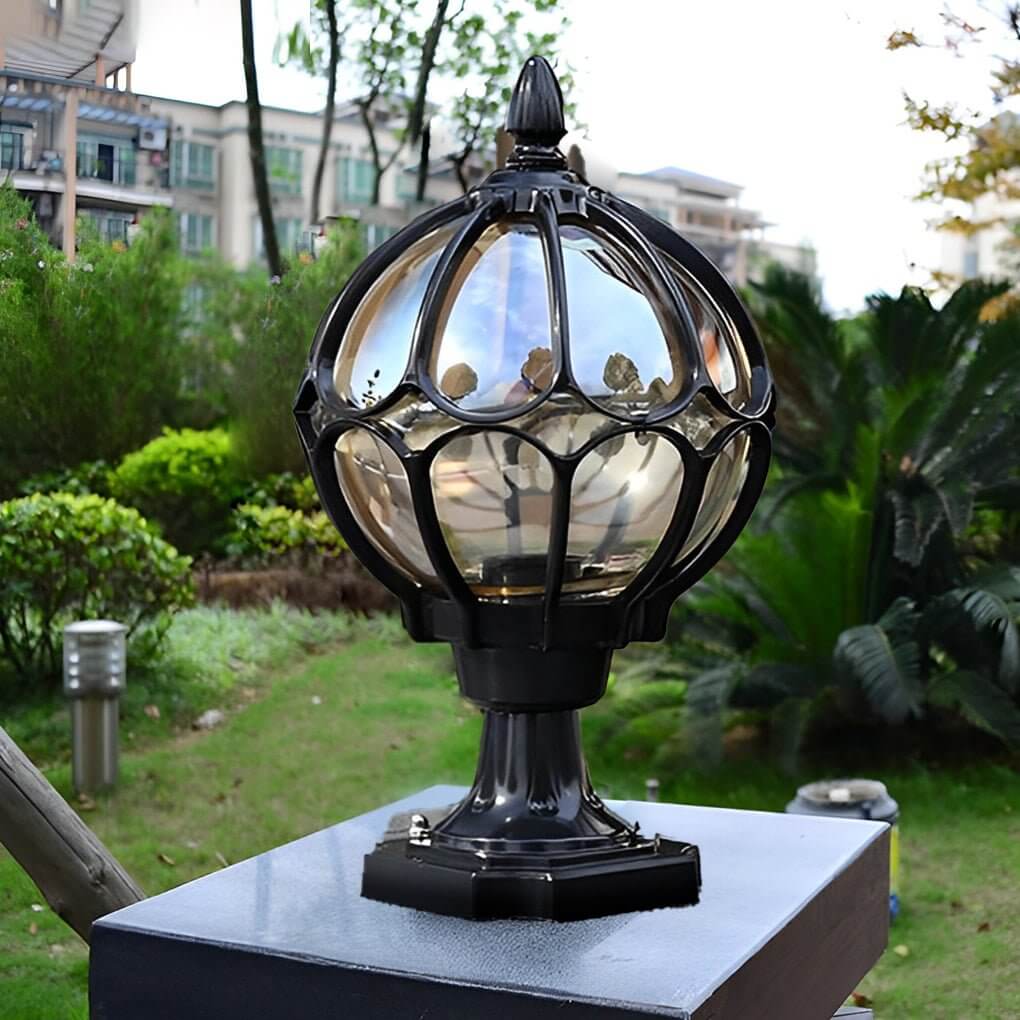 Outdoor Globe Pillar Light | Retro Glass Shade with Copper Base | IP54 Weather-Resistant Design