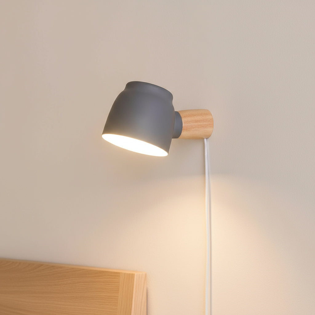 Plug-In Wall Sconce | Metal Bell Shade on a Natural Wood Base | No Hardwiring, White, Black or Gray