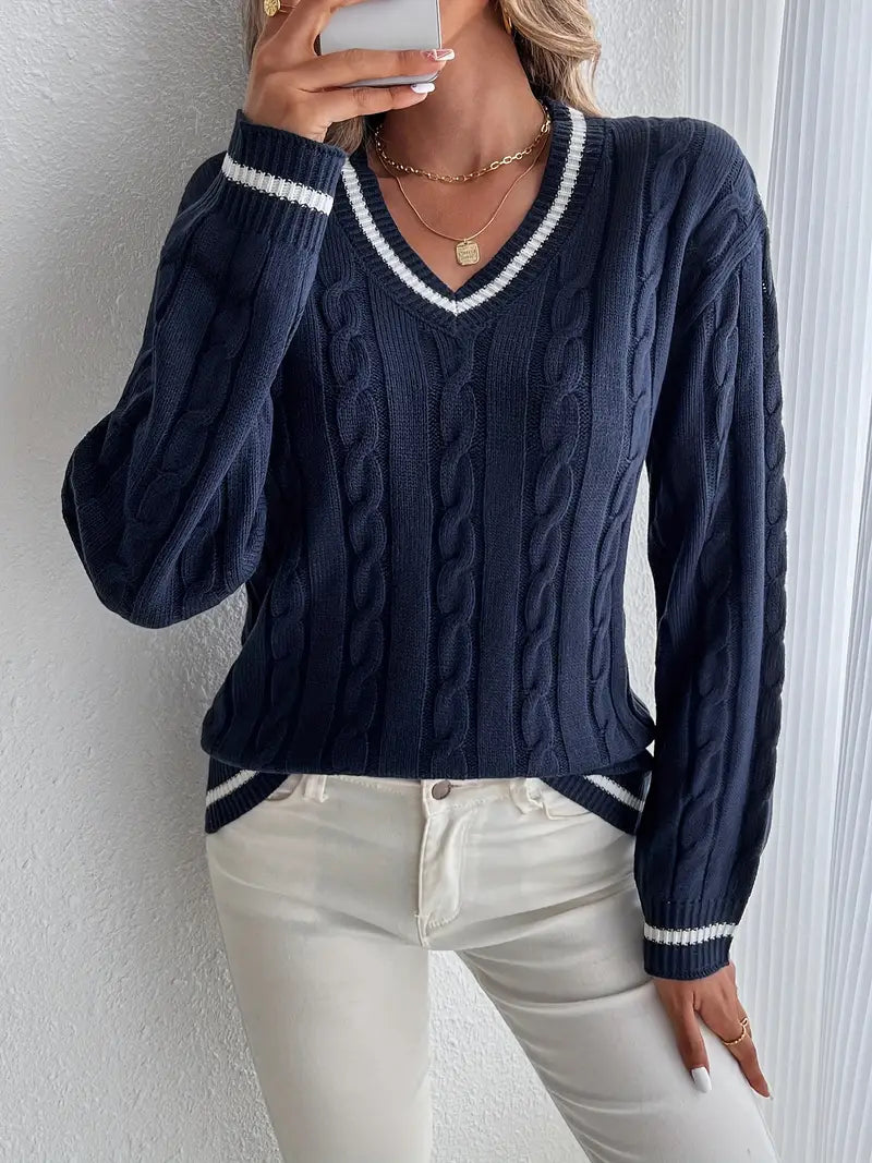 Women's Cable Knit Sweater | V-Neck, Soft Knit Blend, Relaxed Fit | Navy with White Striped Trim, S to 3XL