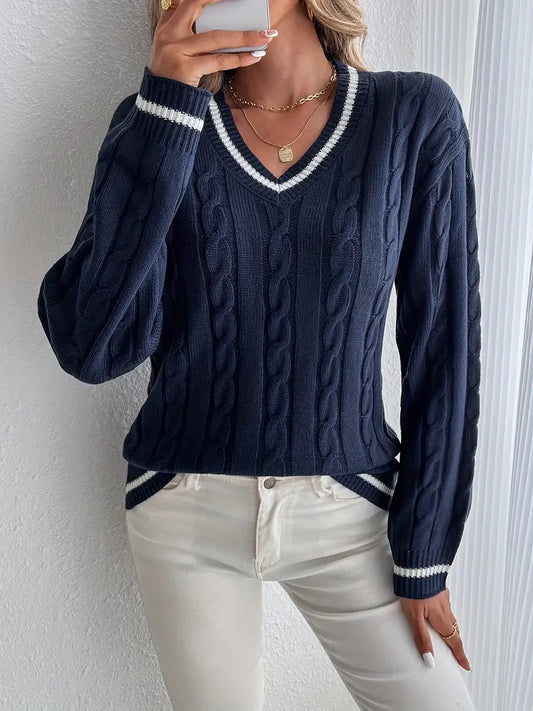 Women's Cable Knit Sweater | V-Neck, Soft Knit Blend, Relaxed Fit | Navy with White Striped Trim, S to 3XL