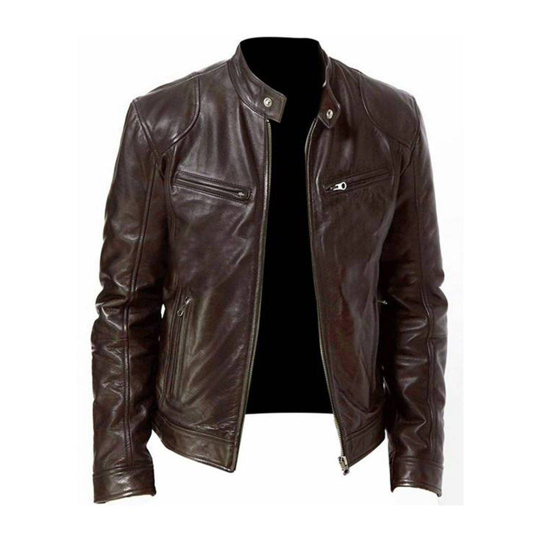 Men's Leather Racer Jacket | Stand Collar, Full-Length Zip, Multiple Pockets, Lined | 4 Colours, XS to 3XL