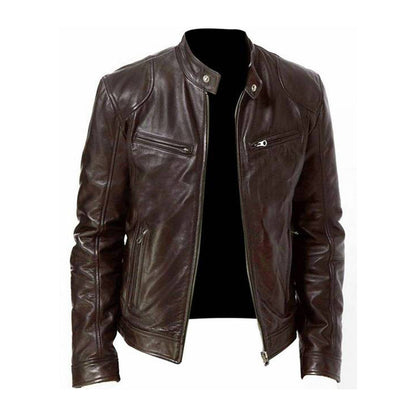 Men's Leather Racer Jacket | Stand Collar, Full-Length Zip, Multiple Pockets, Lined | 4 Colours, XS to 3XL