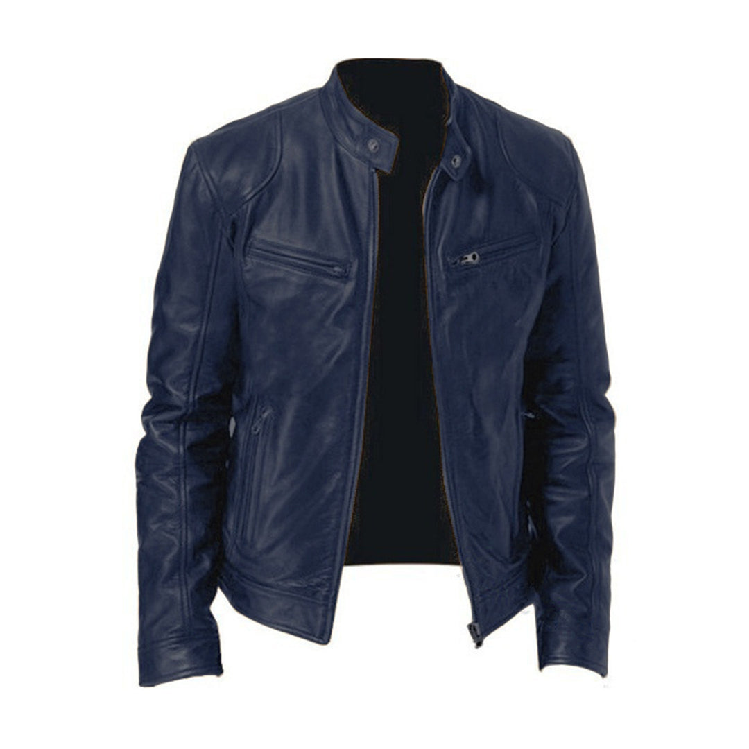 Men's Leather Racer Jacket | Stand Collar, Full-Length Zip, Multiple Pockets, Lined | 4 Colours, XS to 3XL