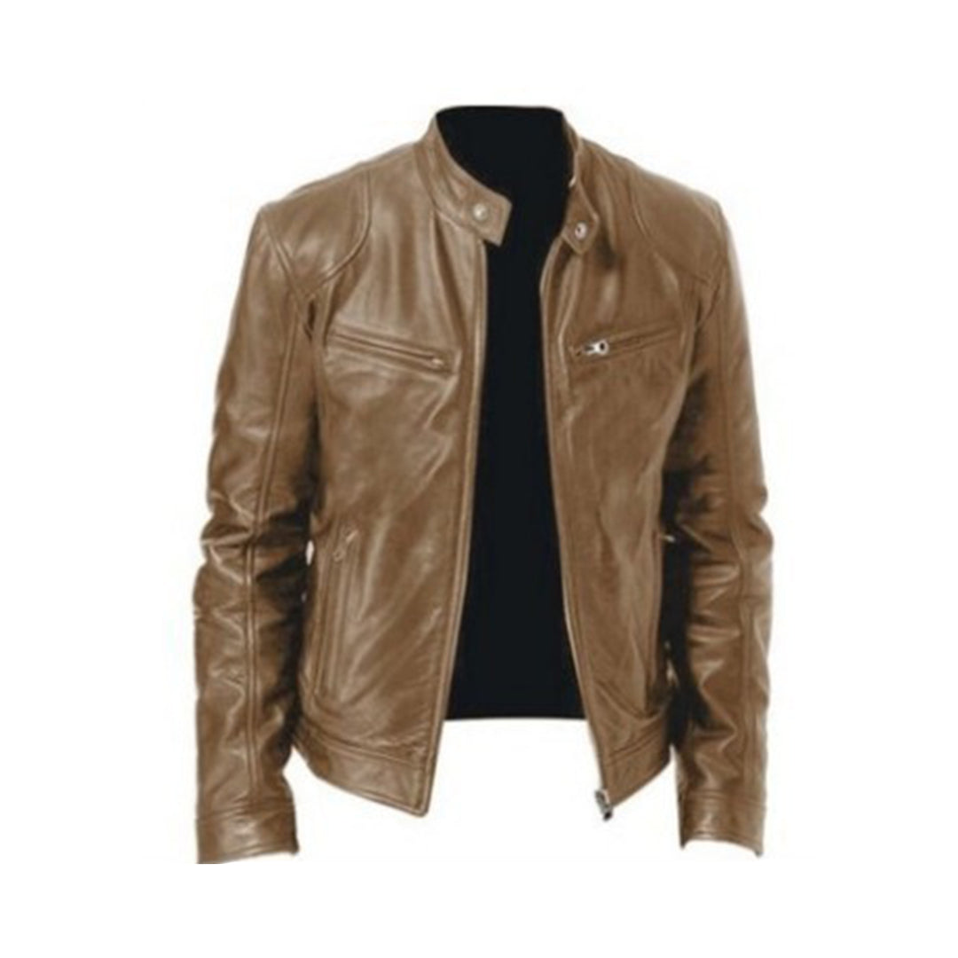 Men's Leather Racer Jacket | Stand Collar, Full-Length Zip, Multiple Pockets, Lined | 4 Colours, XS to 3XL