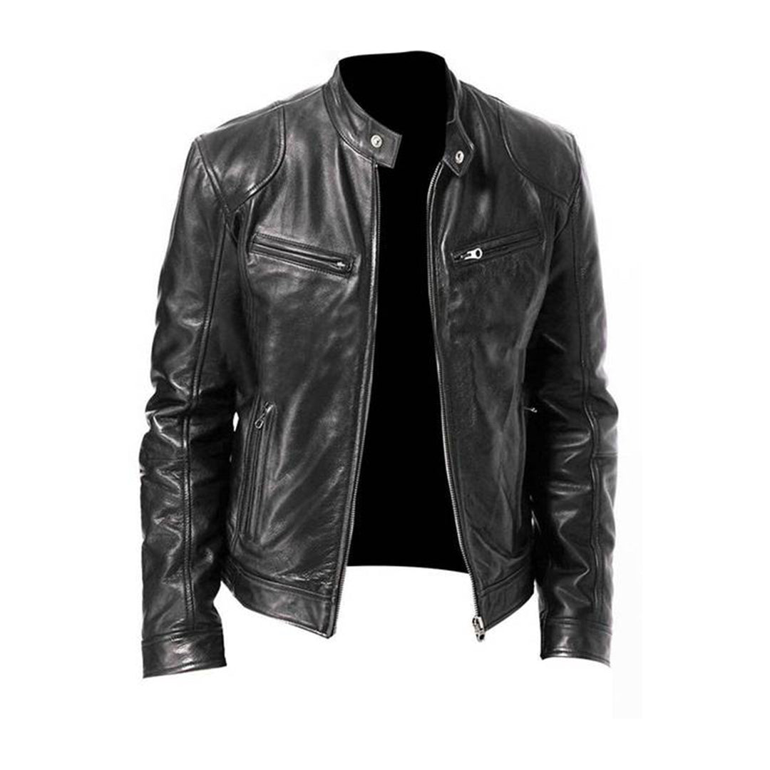 Men's Leather Racer Jacket | Stand Collar, Full-Length Zip, Multiple Pockets, Lined | 4 Colours, XS to 3XL