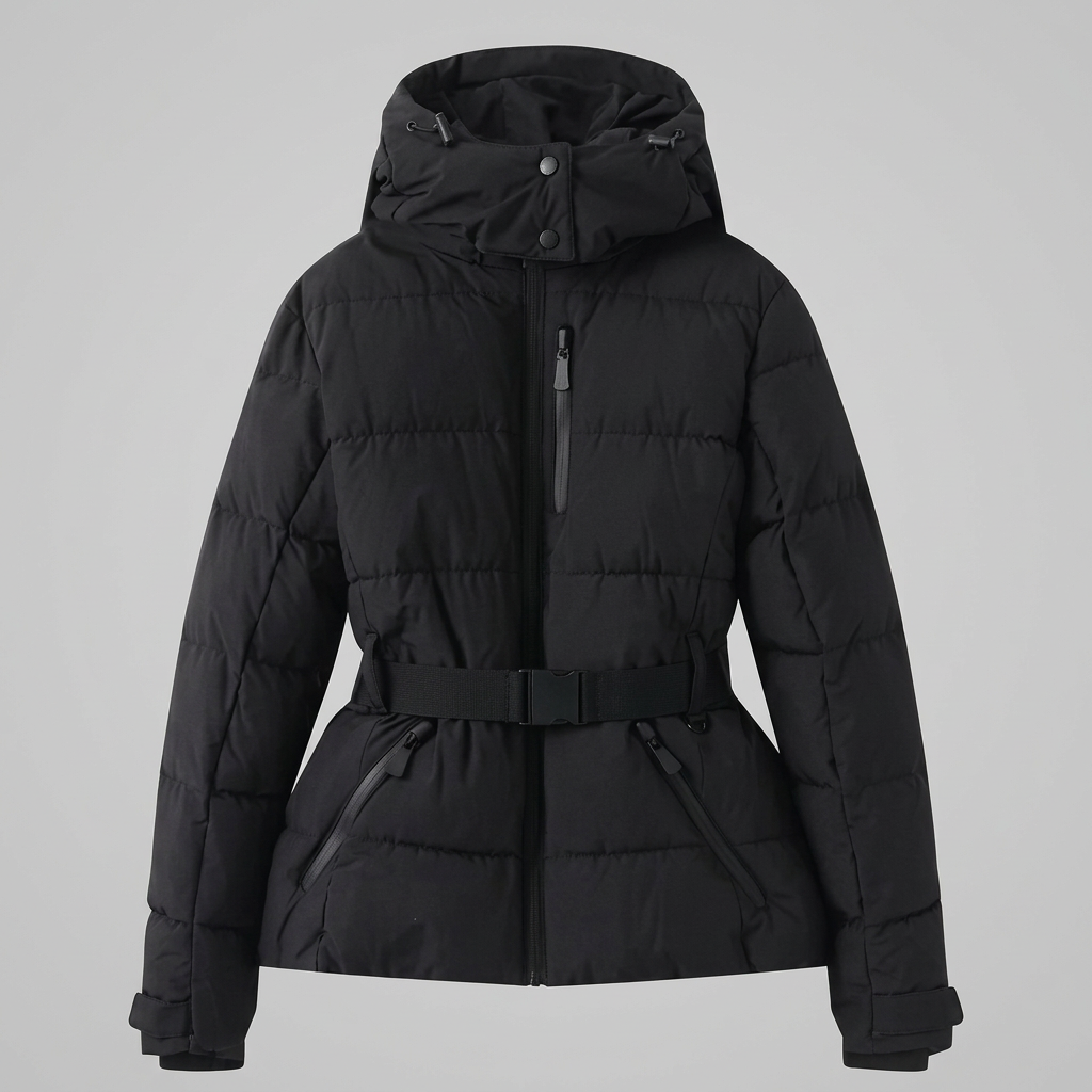 Women's Belted Puffer Jacket | Horizontal Quilting, High Collar, Zip Pockets, Hooded | 3 Colours, S to 2XL