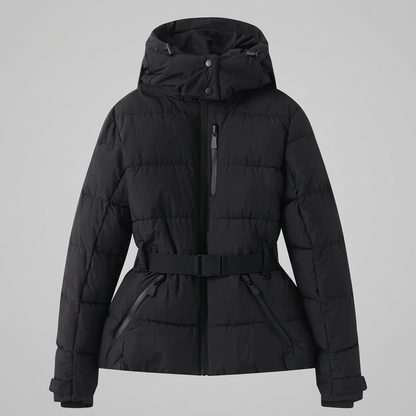 Women's Belted Puffer Jacket | Horizontal Quilting, High Collar, Zip Pockets, Hooded | 3 Colours, S to 2XL