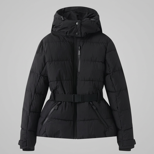 Women's Belted Puffer Jacket | Horizontal Quilting, High Collar, Zip Pockets, Hooded | 3 Colours, S to 2XL