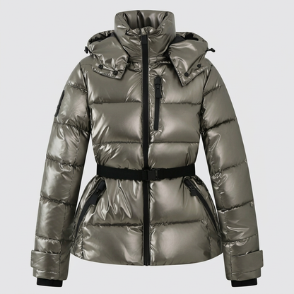 Women's Belted Puffer Jacket | Horizontal Quilting, High Collar, Zip Pockets, Hooded | 3 Colours, S to 2XL