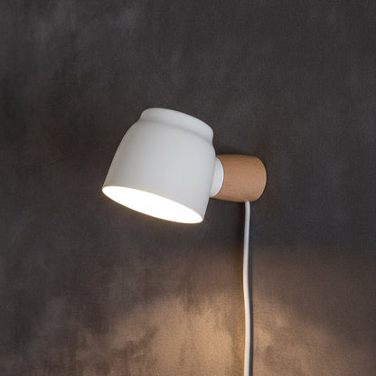 Plug-In Wall Sconce | Metal Bell Shade on a Natural Wood Base | No Hardwiring, White, Black or Gray