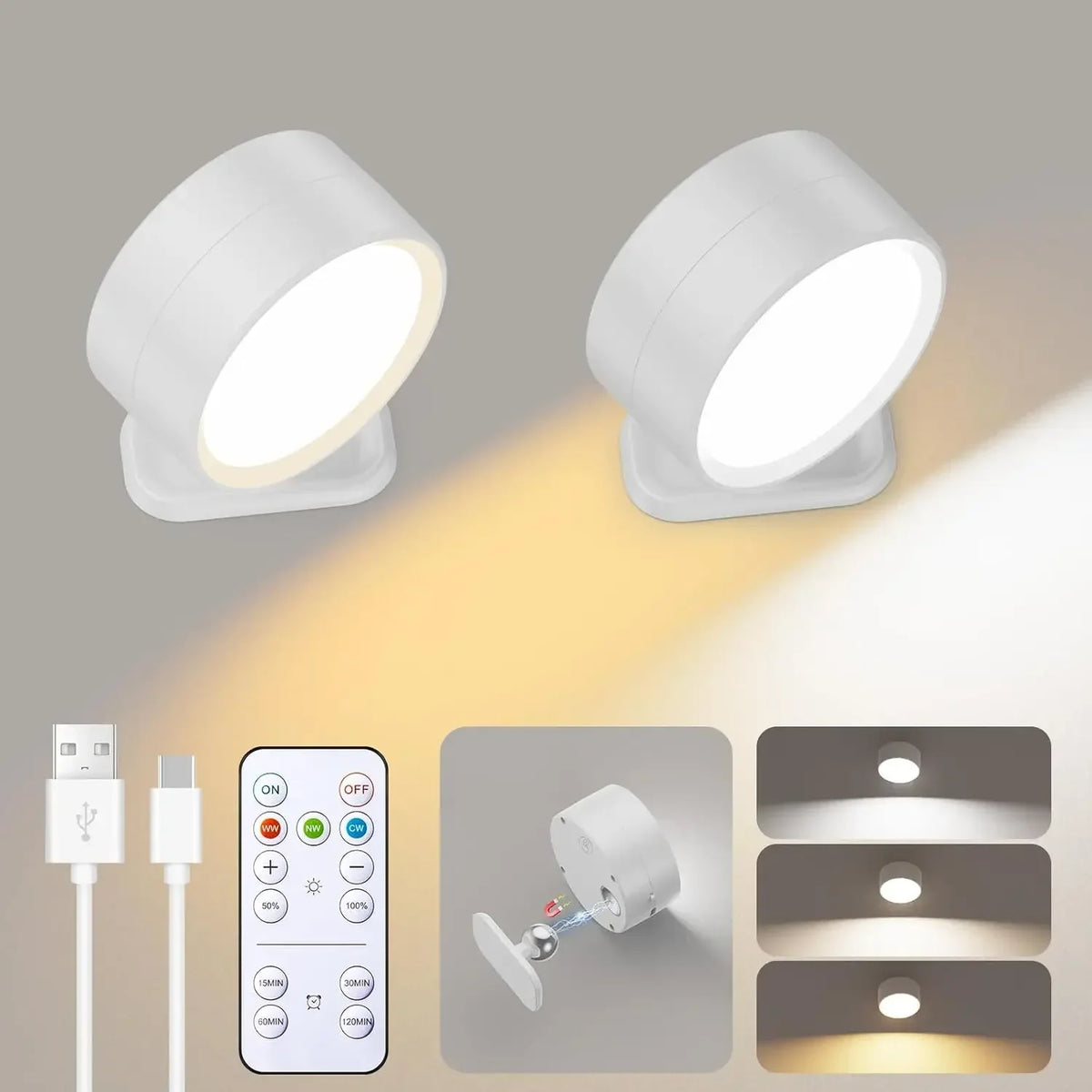 Rechargeable Wall Sconce | Magnetic LED Puck Light, 360° Swivel | Remote and Touch Dimming, Single or Set of 2