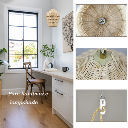 Rattan Plug-In Pendant Light | Woven Boho Shade, 16.4 ft Cord with Switch | E26, Kitchen & Bedroom Hanging Lamp