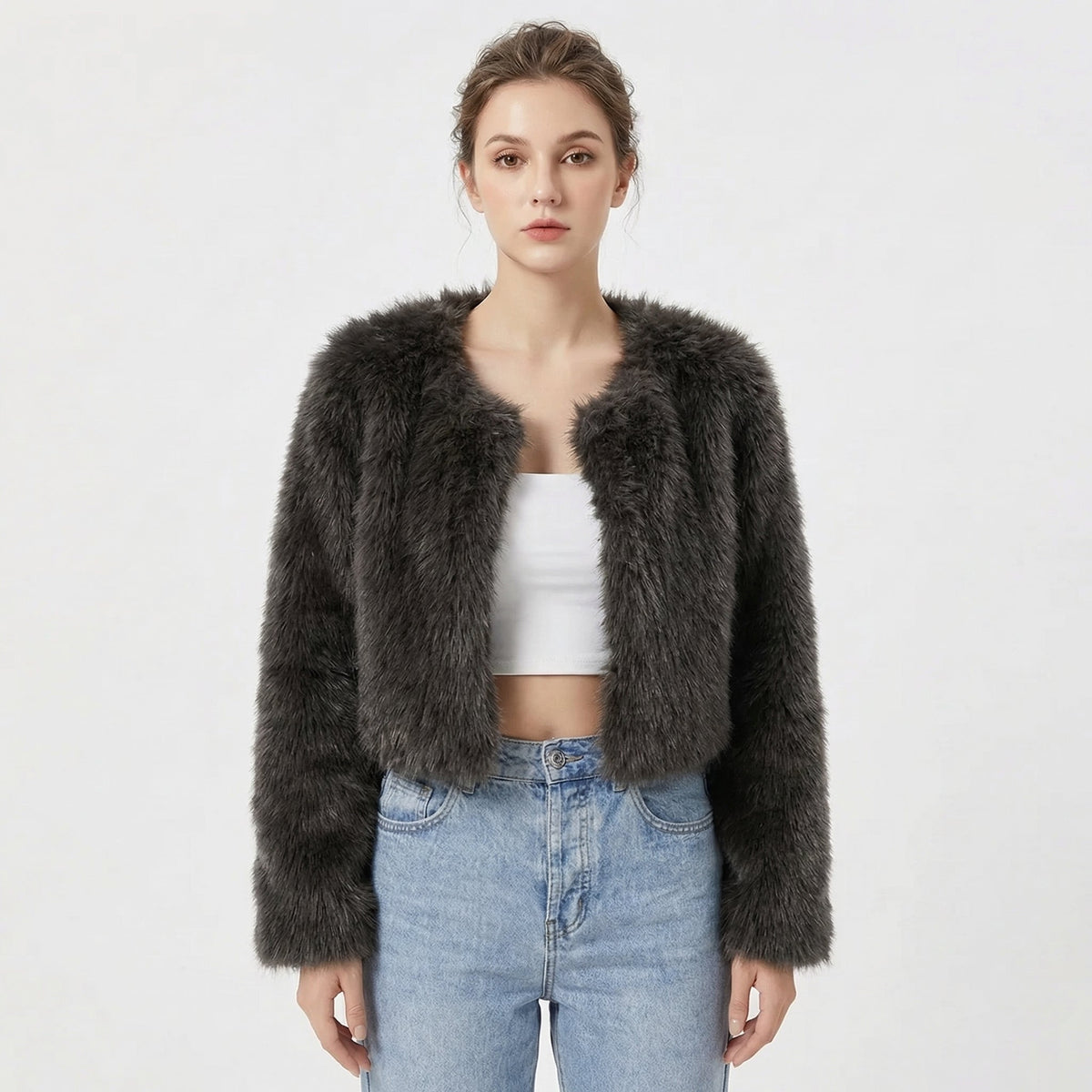 Women's Faux Fur Jacket | Cropped Open-Front Design, Long Sleeves, Lightweight Lining | 7 Colours, S to 2XL