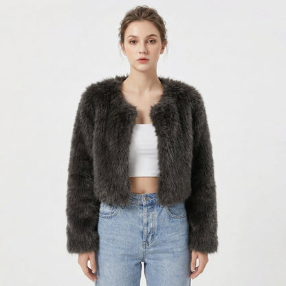 Women's Faux Fur Jacket | Cropped Open-Front Design, Long Sleeves, Lightweight Lining | 7 Colours, S to 2XL