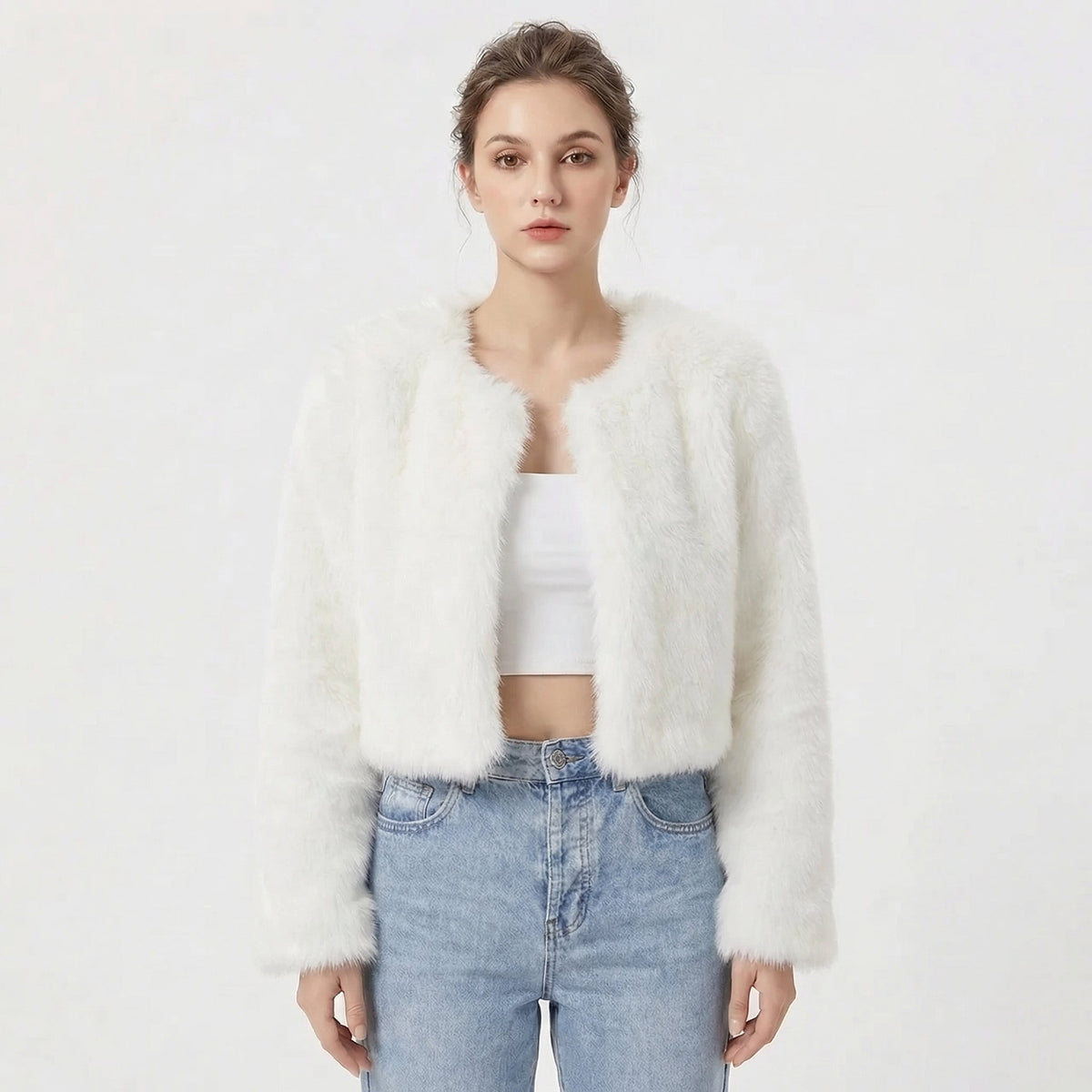 Women's Faux Fur Jacket | Cropped Open-Front Design, Long Sleeves, Lightweight Lining | 7 Colours, S to 2XL