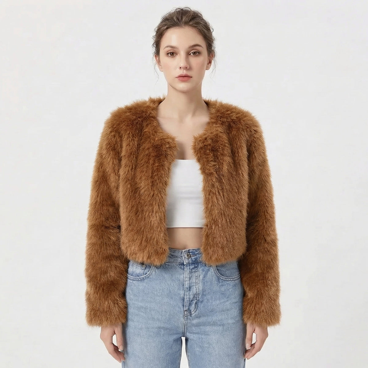 Women's Faux Fur Jacket | Cropped Open-Front Design, Long Sleeves, Lightweight Lining | 7 Colours, S to 2XL