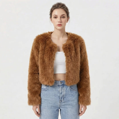 Women's Faux Fur Jacket | Cropped Open-Front Design, Long Sleeves, Lightweight Lining | 7 Colours, S to 2XL