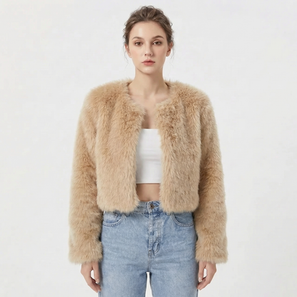 Women's Faux Fur Jacket | Cropped Open-Front Design, Long Sleeves, Lightweight Lining | 7 Colours, S to 2XL