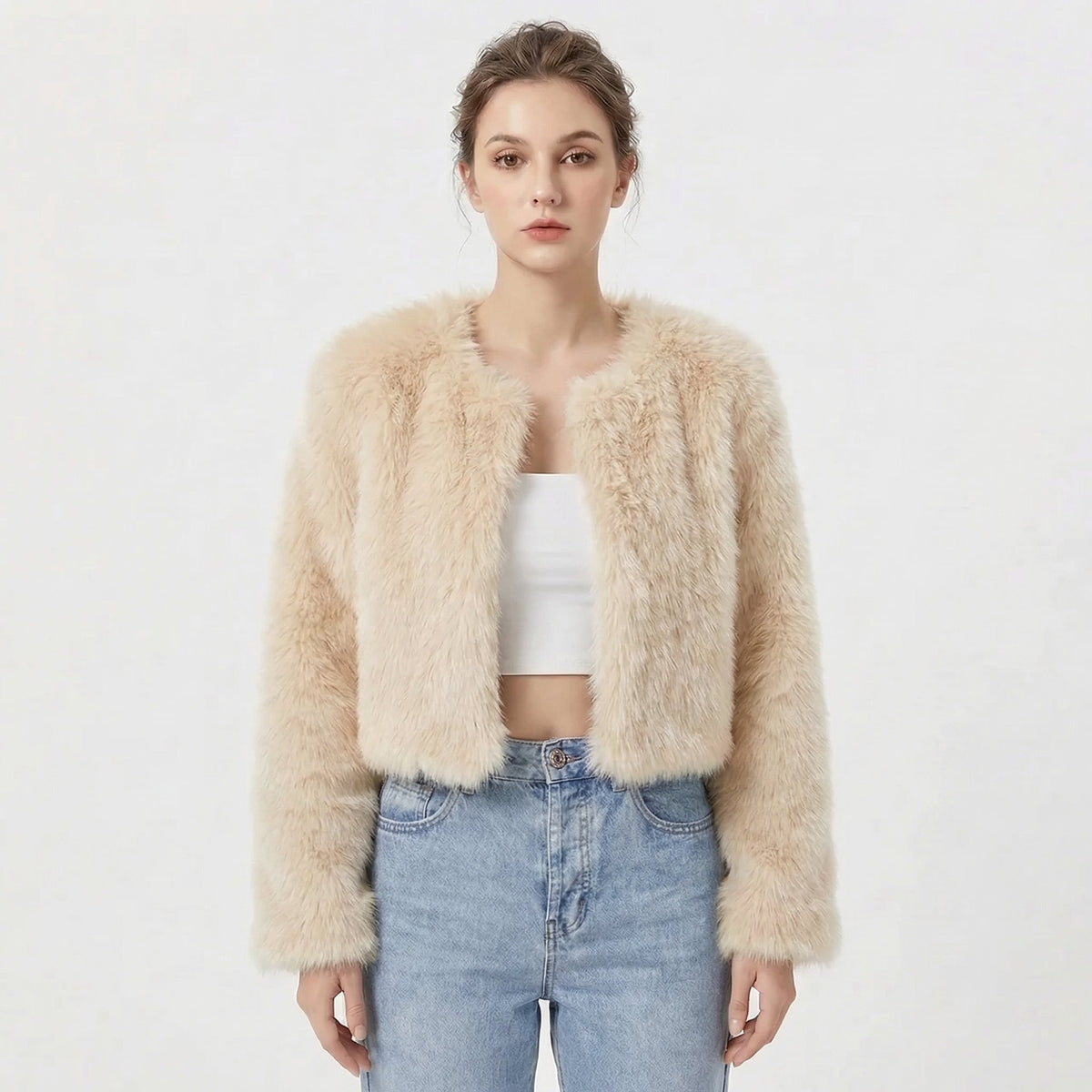 Women's Faux Fur Jacket | Cropped Open-Front Design, Long Sleeves, Lightweight Lining | 7 Colours, S to 2XL