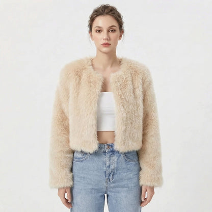 Women's Faux Fur Jacket | Cropped Open-Front Design, Long Sleeves, Lightweight Lining | 7 Colours, S to 2XL