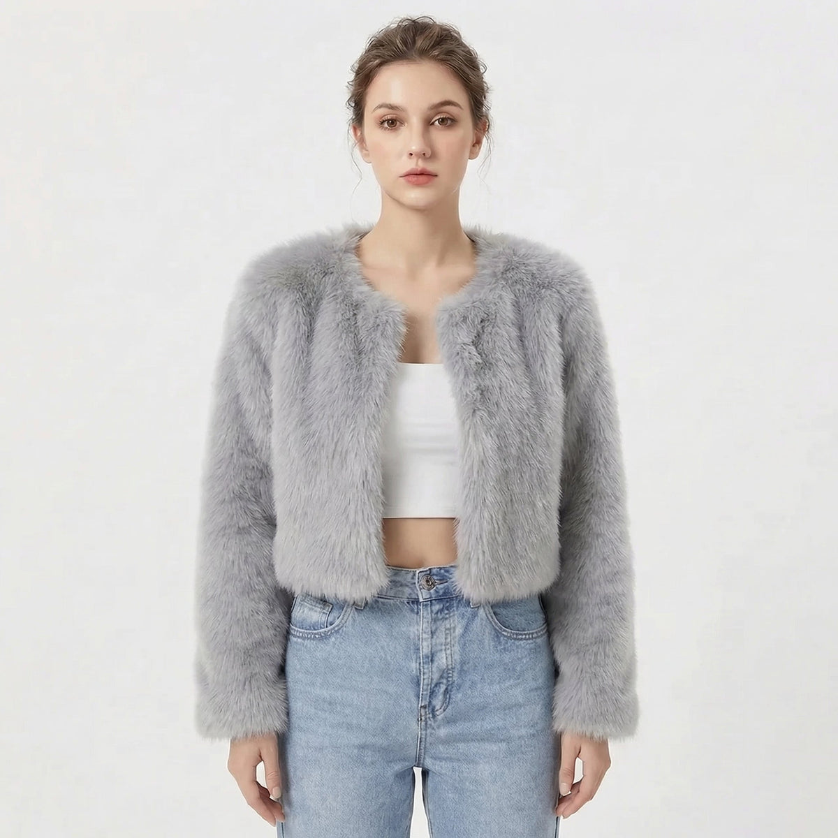 Women's Faux Fur Jacket | Cropped Open-Front Design, Long Sleeves, Lightweight Lining | 7 Colours, S to 2XL