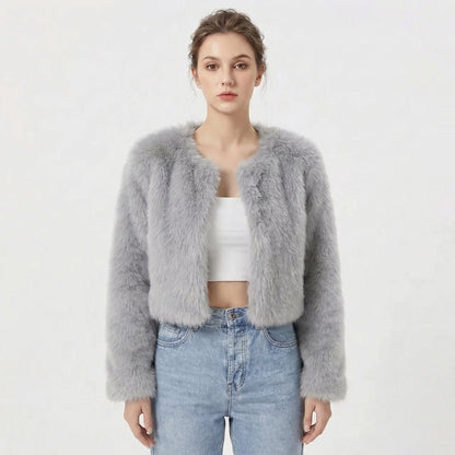 Women's Faux Fur Jacket | Cropped Open-Front Design, Long Sleeves, Lightweight Lining | 7 Colours, S to 2XL