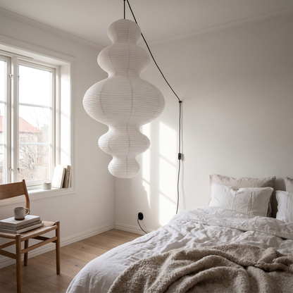 Rice Paper Pendant Light | 18.5 x 32 in Sculptural Paper Shade on a Bamboo Frame | Plug-In, 15 ft Cord, E26