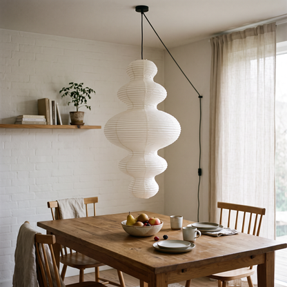 Rice Paper Pendant Light | 18.5 x 32 in Sculptural Paper Shade on a Bamboo Frame | Plug-In, 15 ft Cord, E26