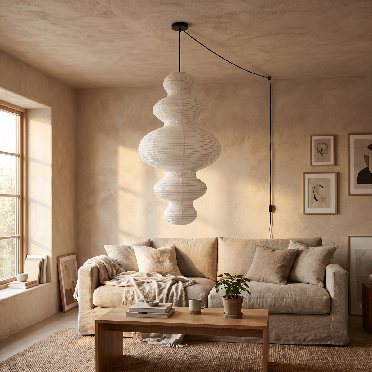 Rice Paper Pendant Light | 18.5 x 32 in Sculptural Paper Shade on a Bamboo Frame | Plug-In, 15 ft Cord, E26