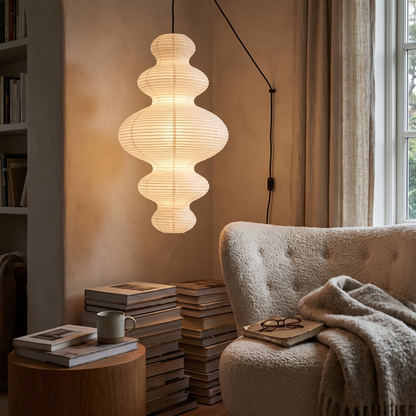Rice Paper Pendant Light | 18.5 x 32 in Sculptural Paper Shade on a Bamboo Frame | Plug-In, 15 ft Cord, E26