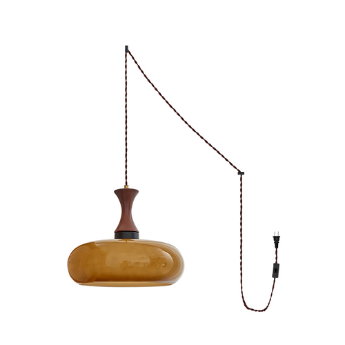 Plug-In Pendant Light | 11 in Tinted Glass Shade on a Turned Wood Stem | 177 in Cord, In-Line Switch, E26