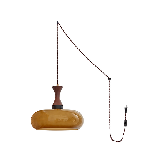 Plug-In Pendant Light | 11 in Tinted Glass Shade on a Turned Wood Stem | 177 in Cord, In-Line Switch, E26