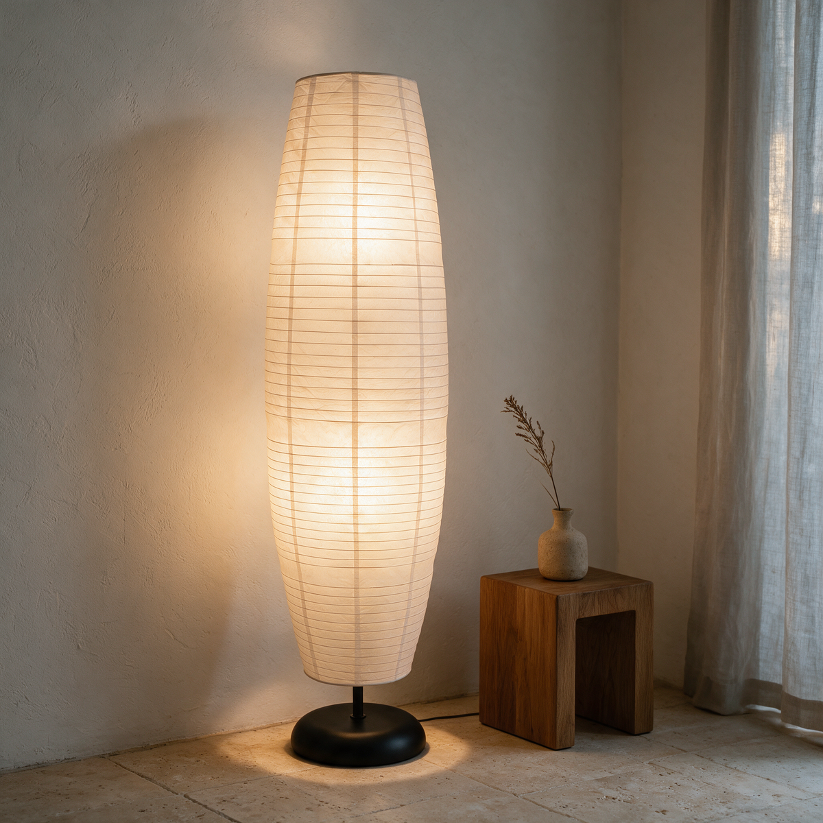 Rice Paper Floor Lamp | 54 in Paper Column on a Slim Metal Frame | Japandi Style, 2-Bulb, Plug-In