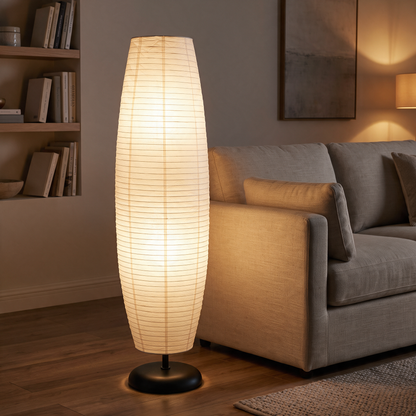 Rice Paper Floor Lamp | 54 in Paper Column on a Slim Metal Frame | Japandi Style, 2-Bulb, Plug-In