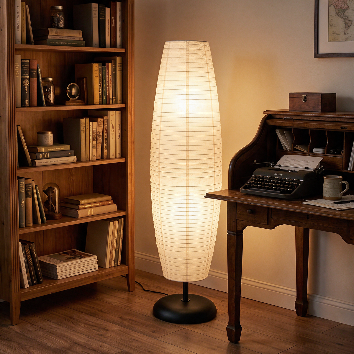 Rice Paper Floor Lamp | 54 in Paper Column on a Slim Metal Frame | Japandi Style, 2-Bulb, Plug-In