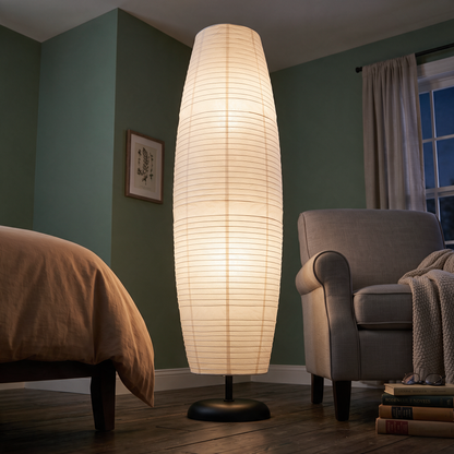 Rice Paper Floor Lamp | 54 in Paper Column on a Slim Metal Frame | Japandi Style, 2-Bulb, Plug-In
