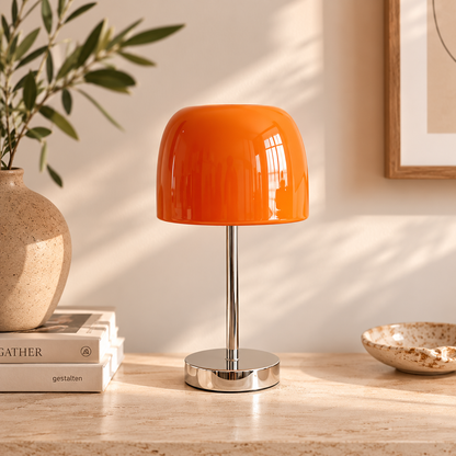 Glass Mushroom Table Lamp | Glossy Glass Dome on Chrome Stem & Base | 13.4 in Retro Bedside Lamp in 5 Colors