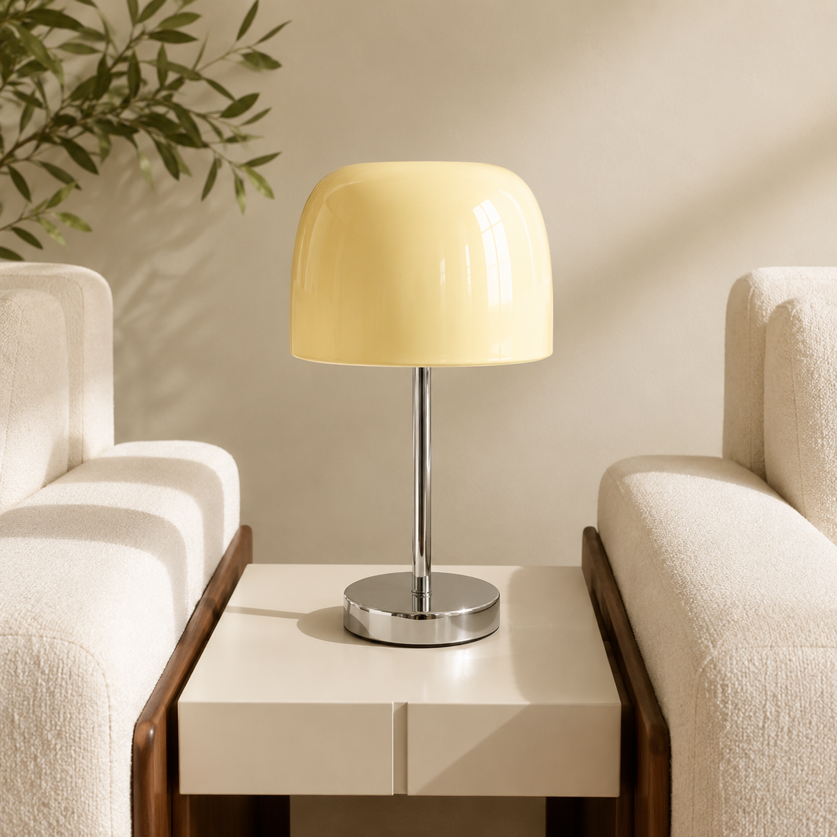 Glass Mushroom Table Lamp | Glossy Glass Dome on Chrome Stem & Base | 13.4 in Retro Bedside Lamp in 5 Colors