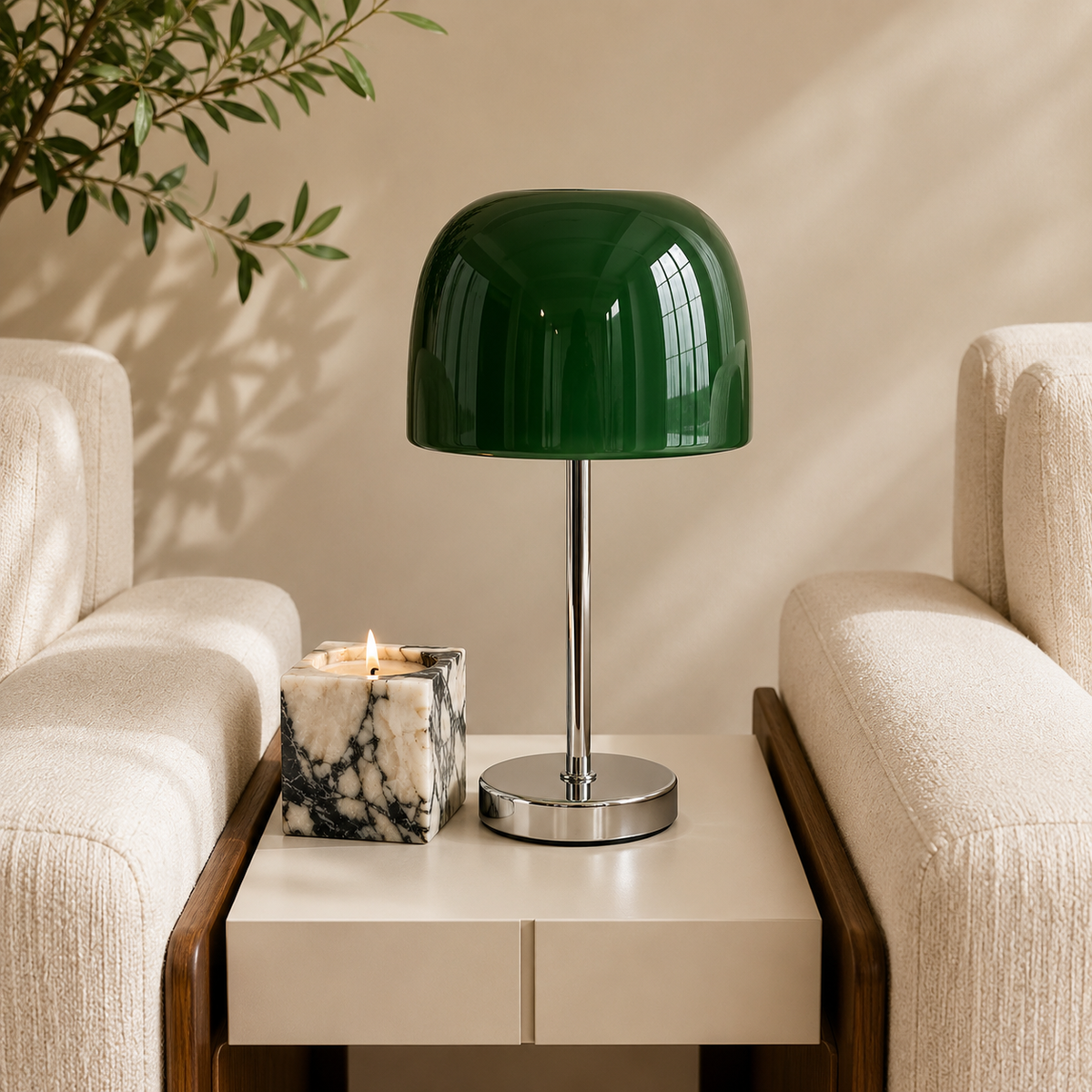 Glass Mushroom Table Lamp | Glossy Glass Dome on Chrome Stem & Base | 13.4 in Retro Bedside Lamp in 5 Colors