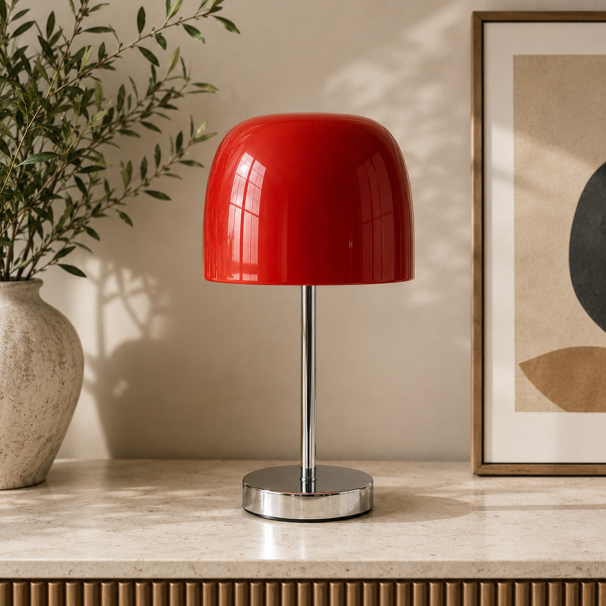 Glass Mushroom Table Lamp | Glossy Glass Dome on Chrome Stem & Base | 13.4 in Retro Bedside Lamp in 5 Colors