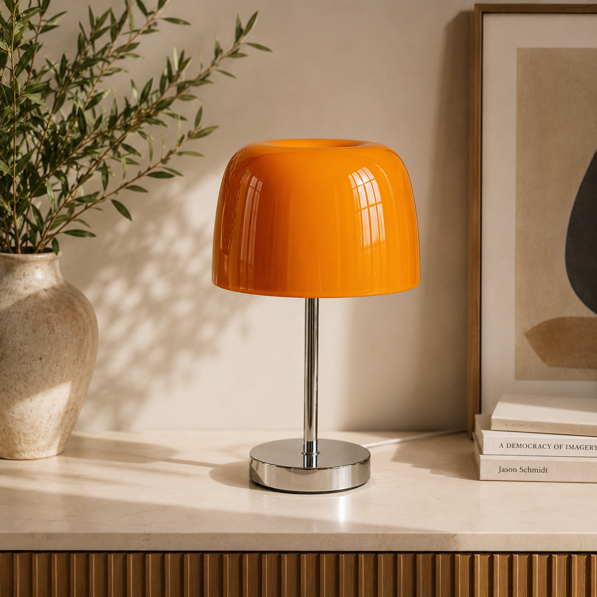 Glass Mushroom Table Lamp | Glossy Glass Dome on Chrome Stem & Base | 13.4 in Retro Bedside Lamp in 5 Colors