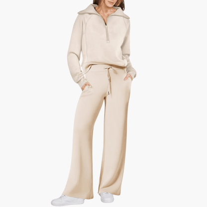 Women's Lounge Set | Half-Zip Funnel Neck Top and Wide-Leg Drawstring Trousers | 4 Colours, S to 2XL