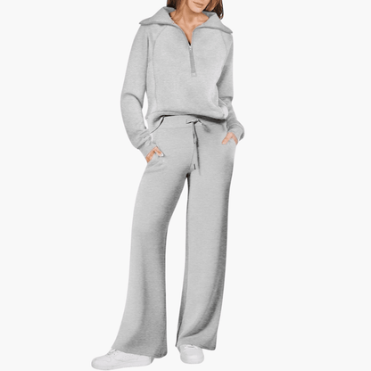 Women's Lounge Set | Half-Zip Funnel Neck Top and Wide-Leg Drawstring Trousers | 4 Colours, S to 2XL