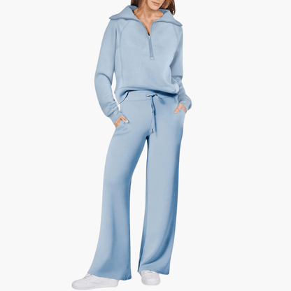 Women's Lounge Set | Half-Zip Funnel Neck Top and Wide-Leg Drawstring Trousers | 4 Colours, S to 2XL