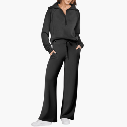 Women's Lounge Set | Half-Zip Funnel Neck Top and Wide-Leg Drawstring Trousers | 4 Colours, S to 2XL