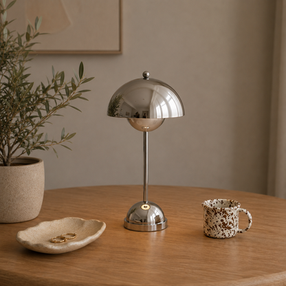 Cordless Dome Table Lamp | Metal Mushroom Lamp with 1200mAh Battery | Touch Dimming, 3 Light Colors, 3 Finishes