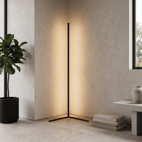 Corner Floor Lamp | 47 or 57 in LED Light Bar on a Triangle Base | Foot Switch, Warm or 3-Color Light