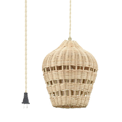 Rattan Plug-In Pendant Light | Woven Boho Shade, 16.4 ft Cord with Switch | E26, Kitchen & Bedroom Hanging Lamp