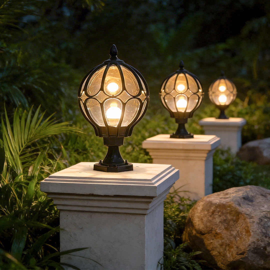Outdoor Globe Pillar Light | Retro Glass Shade with Copper Base | IP54 Weather-Resistant Design